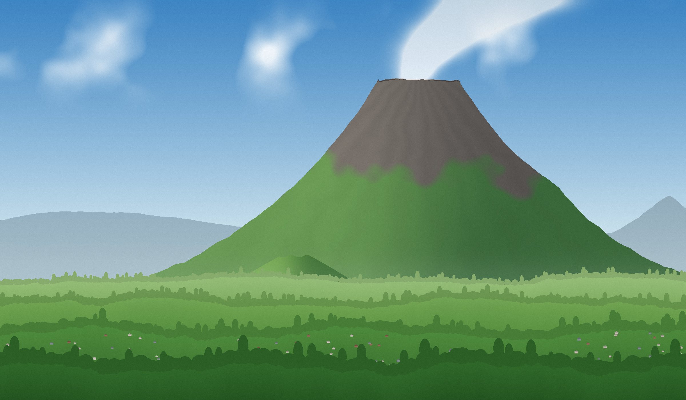 Nyiragongo volcano with a steam plume above the green hills of North Kivu